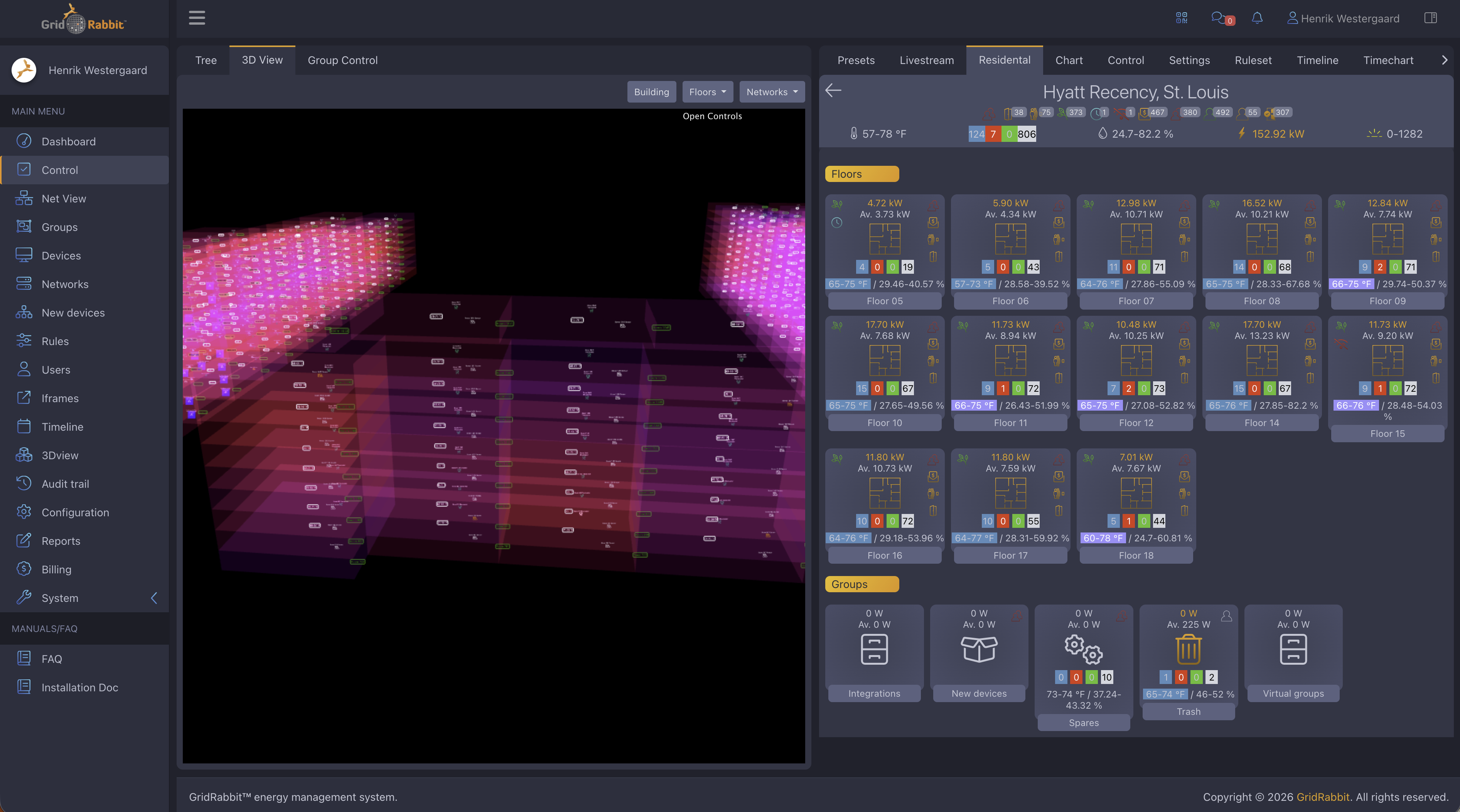 GridRabbit 3D view with floor and room status tiles