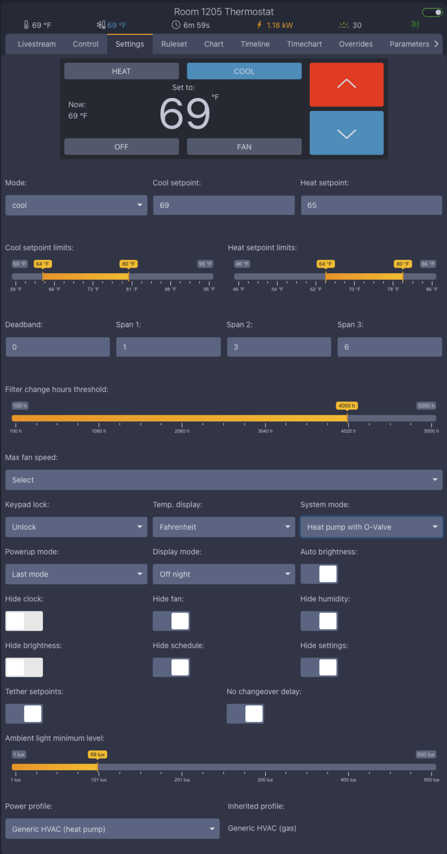 GridRabbit thermostat settings screen with HVAC configuration controls