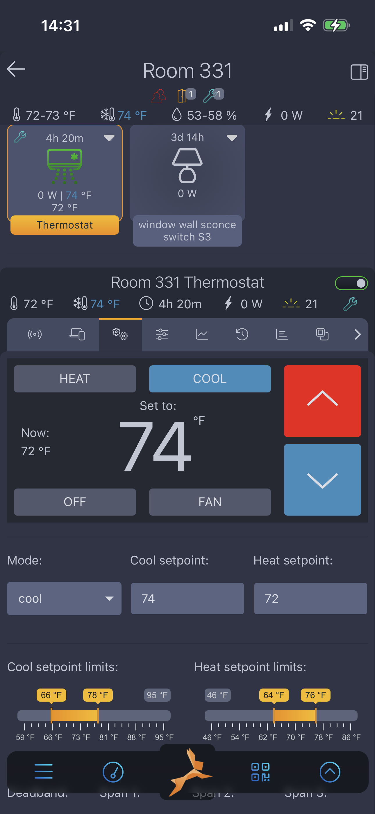 GridRabbit mobile thermostat fan speed and temperature span controls